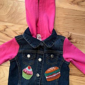 Infant Girls NWT Pink Hooded Jean Jacket, Food Patches & Appliques, 9 Mos.